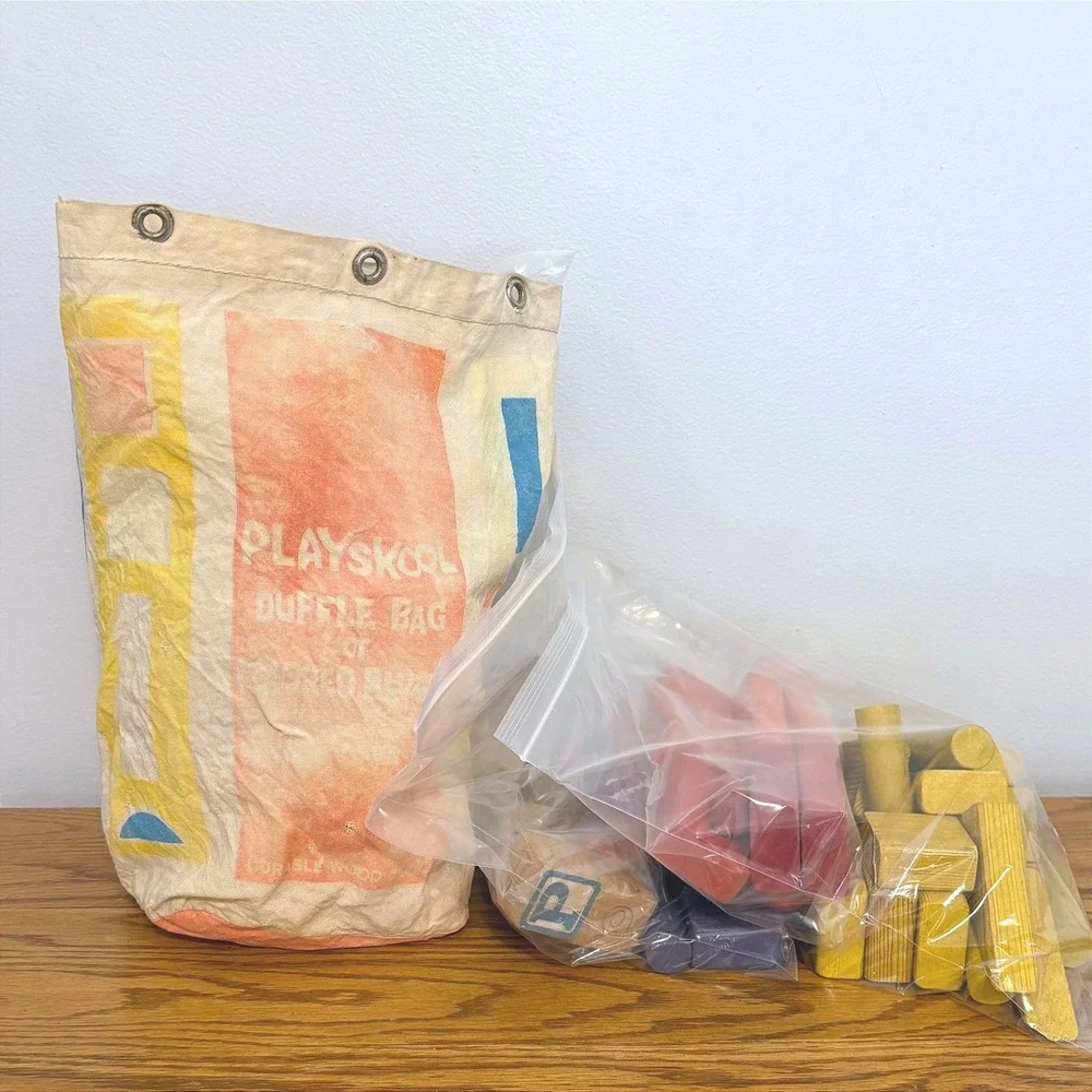 Vintage Playskool Wooden Blocks‎ Set with Original Canvas Duffle Bag Multi Color